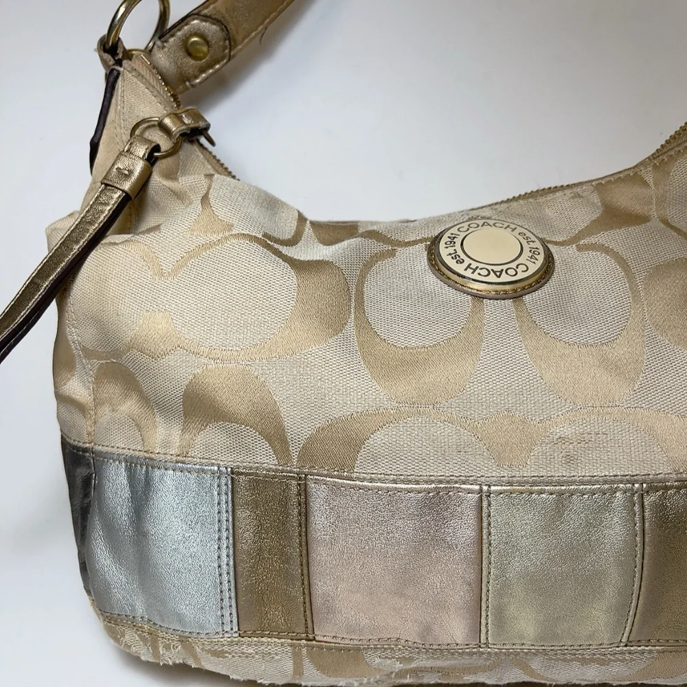 Coach Womens Canvas Stripe Patch Hobo Tan Shoulder Bag
